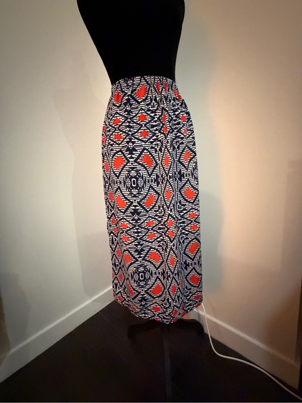 Bold Geometric Maxi Skirt in Navy and Coral